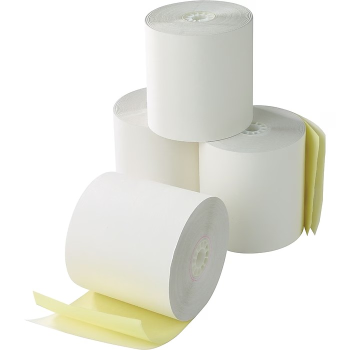 Rolls of two ply carbonless kitchen printer paper with white and yellow layers
