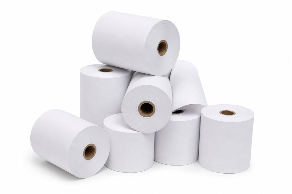 Thermal receipt paper rolls next to a POS terminal